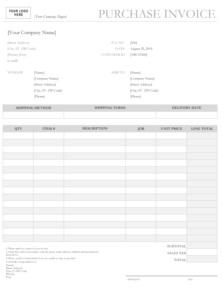 Sample Product Purchase Invoice Template